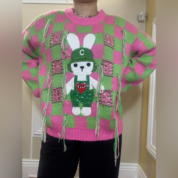 NWOT Pink and Green Checkered Sweater with Bunny Design - Picture 5 of 12